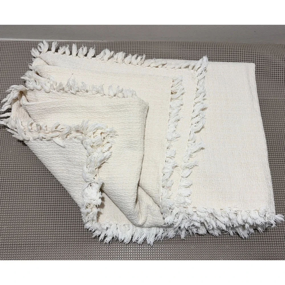 Oversized Cream Throw Blanket Textured Woven Cotton Fringe Edges 76x52 Vintage